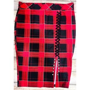 Torrid Plaid Skirt Pencil Size 2 or 18/20 Red Black Stretchy Front Slit Lace Up